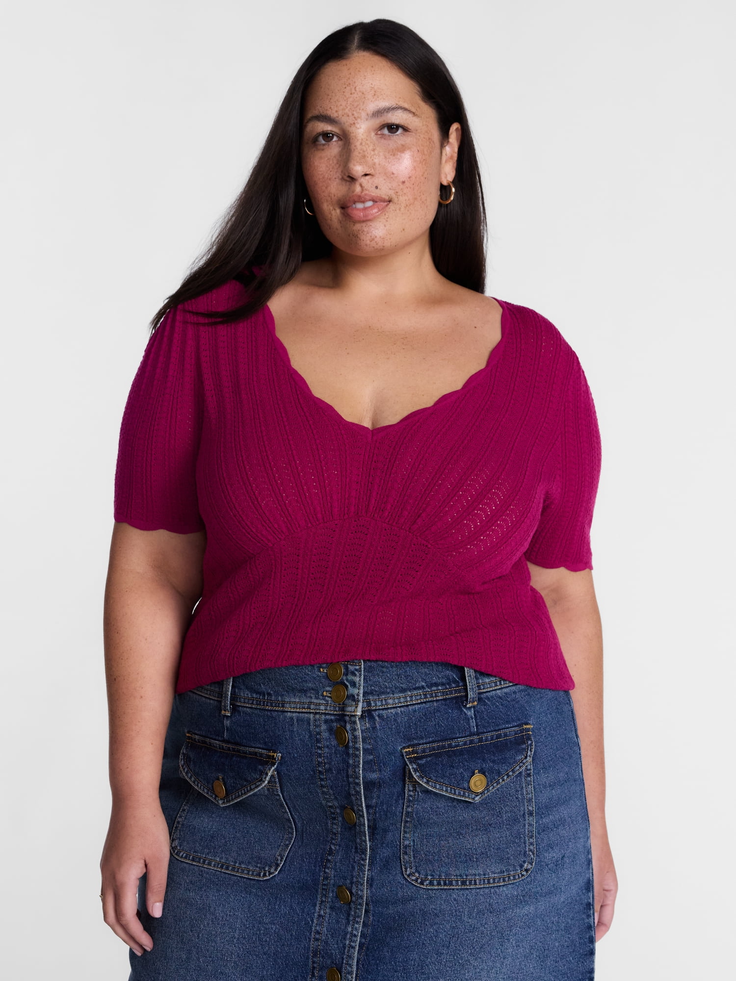 Terra & Sky Women's Plus Pointelle Sweater Top with Short Sleeves, Midweight, Sizes 0X-5X