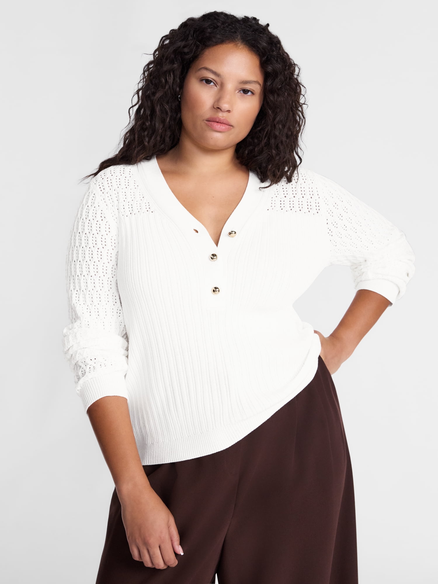 Terra & Sky Women’s Plus Ribbed Henley Sweater with Long Sleeves, Midweight, Sizes 0X-5X