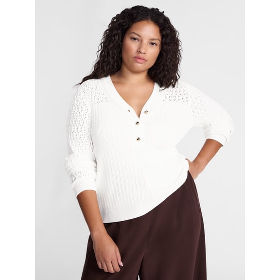 Terra & Sky Women’s Plus Ribbed Henley Sweater with Long Sleeves, Midweight, Sizes 0X-5X