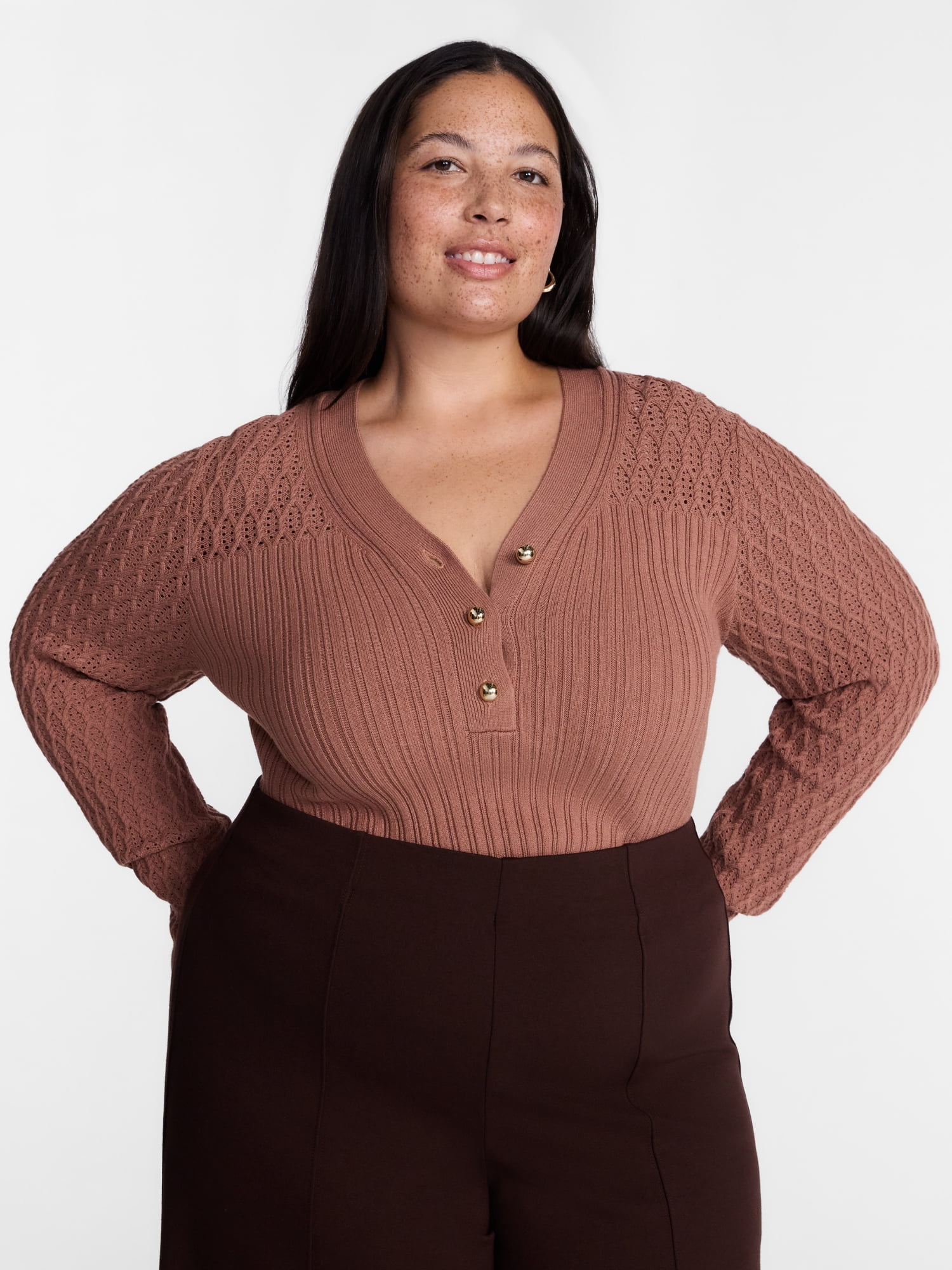 Terra & Sky Women’s Plus Ribbed Henley Sweater with Long Sleeves, Midweight, Sizes 0X-5X