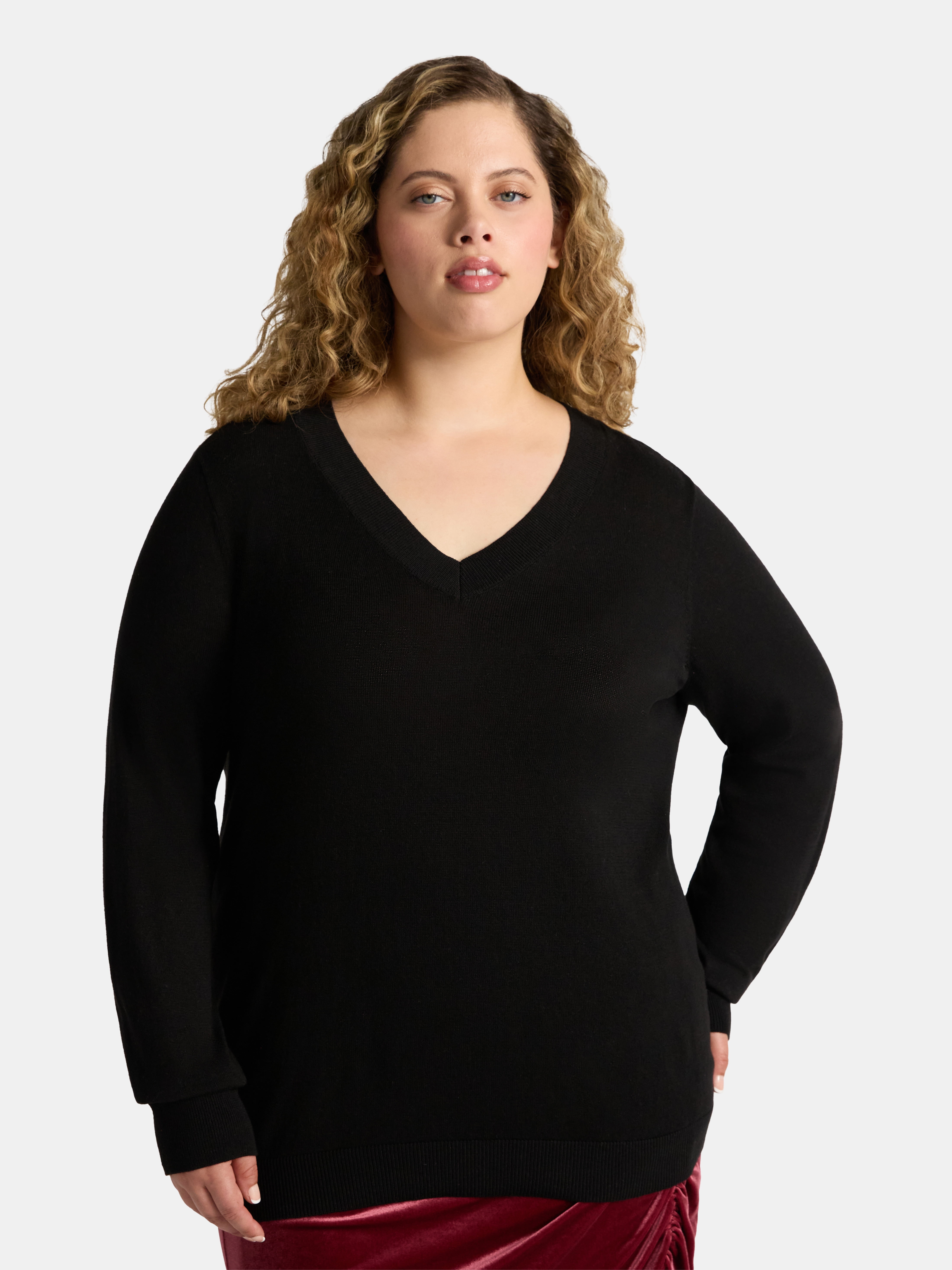 Women's Plus V-Neck Fine Gauge Pullover Sweater, Lightweight, Sizes 0X-5X