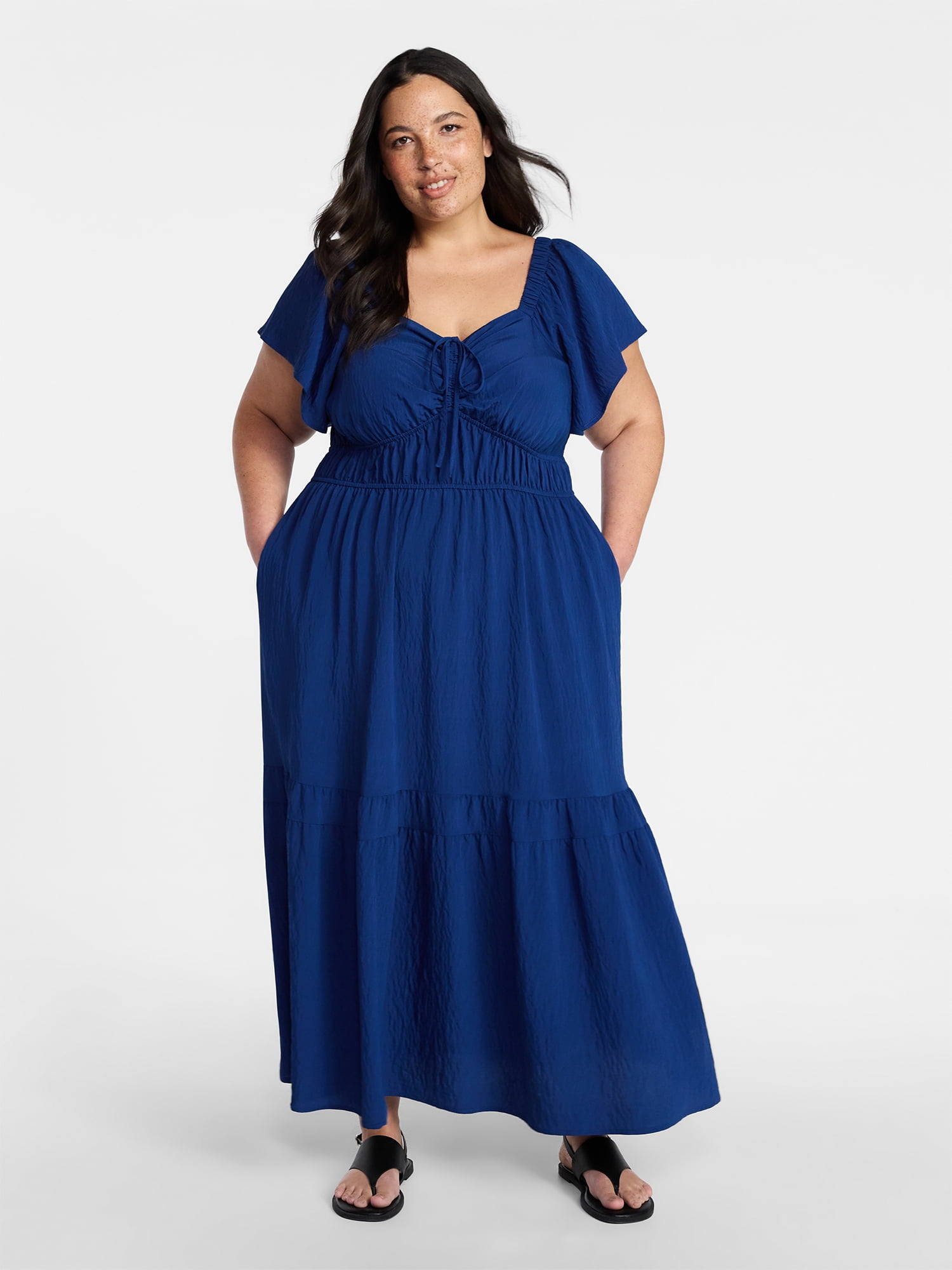 Terra & Sky Women's Plus Size Sweetheart Maxi Dress with Flutter Sleeves, Sizes 0X-5X