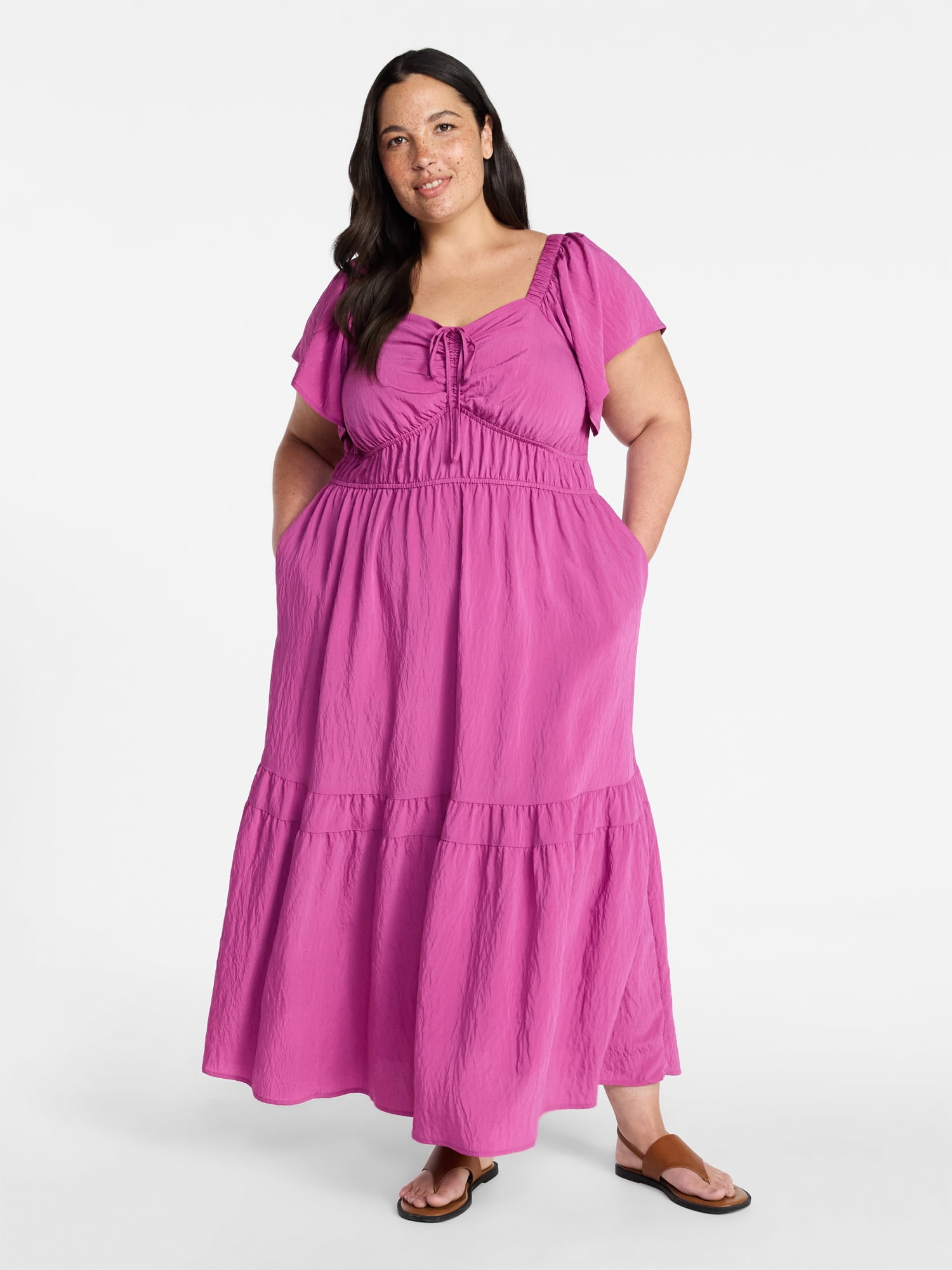 Terra & Sky Women's Plus Size Sweetheart Maxi Dress with Flutter Sleeves, Sizes 0X-5X