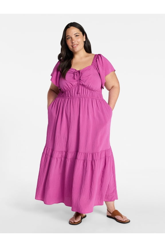 Women's Plus Size Sweetheart Maxi Dress with Flutter Sleeves, Sizes 0X-5X