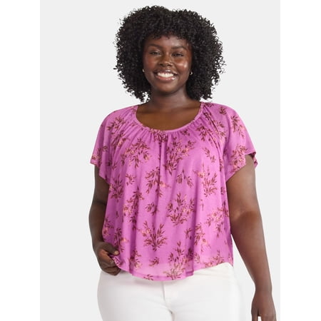 Terra & Sky Women's Plus Size Crepe Mesh Top with Flutter Sleeves, Sizes 0X-5X
