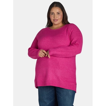 Terra & Sky Women’s Plus Mixed Rib Crewneck Sweater, Lightweight, Sizes 0X-5X