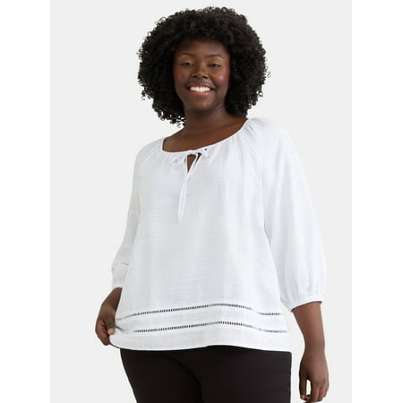 Terra & Sky Women's Plus Peasant Linen Blouse with Long Sleeves, Sizes 0X-5X