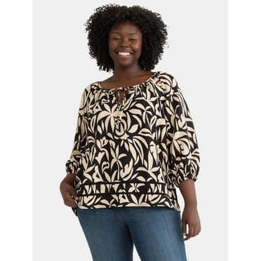 Terra & Sky Women's Plus Peasant Linen Blouse with Long Sleeves, Sizes 0X-5X