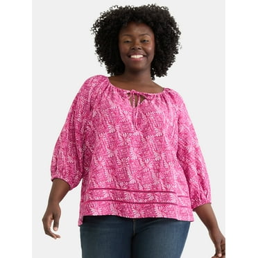 Terra & Sky Women's Plus Peasant Linen Blouse with Long Sleeves, Sizes 0X-5X