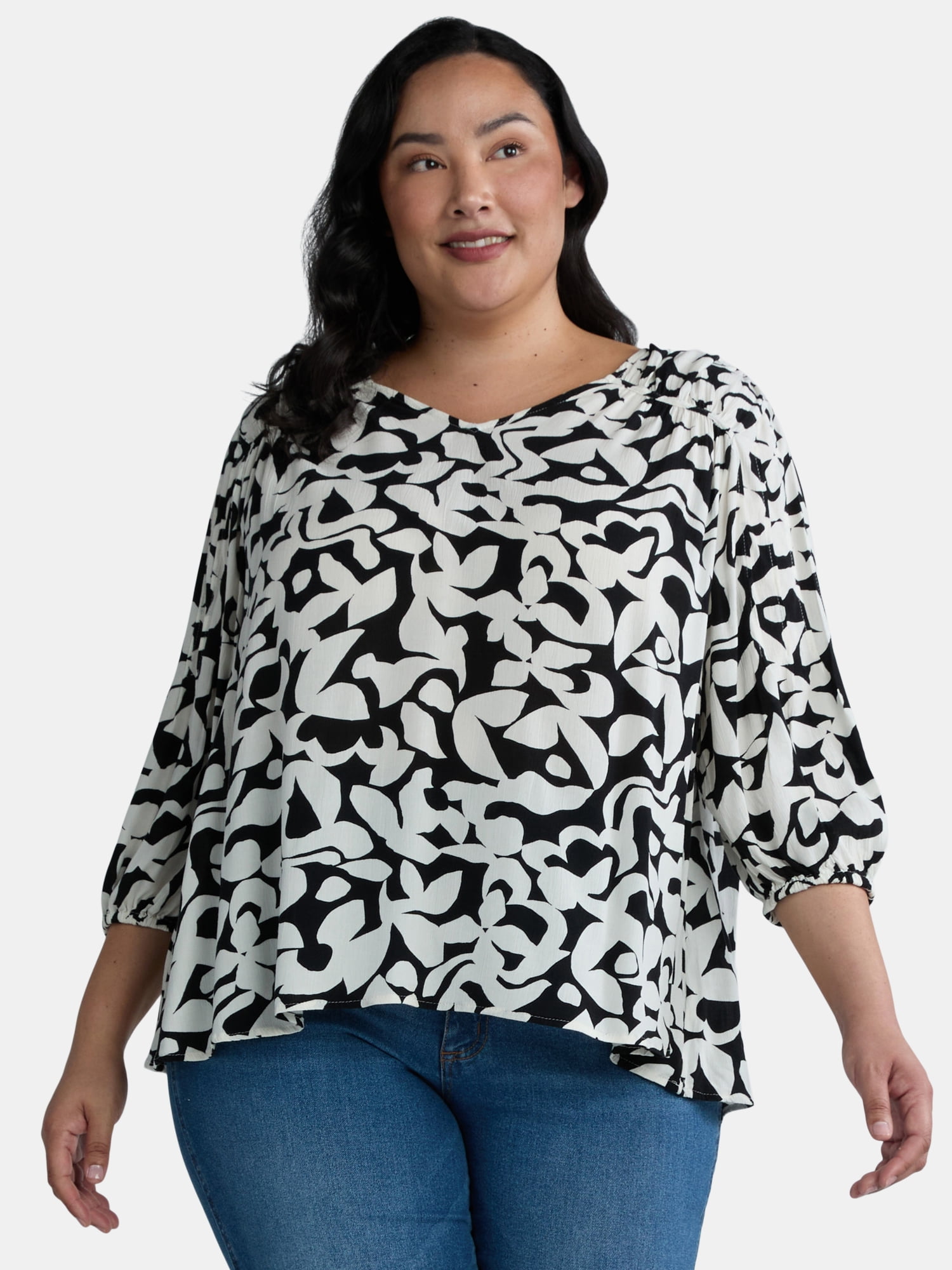 Terra & Sky Women's Plus Size Poet Sleeve Blouse, VNeck, Flowy, Sizes