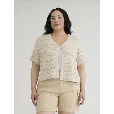 Terra & Sky Women's Plus Pointelle Open Front Cardigan with Short Sleeves, Sizes 0X-5X