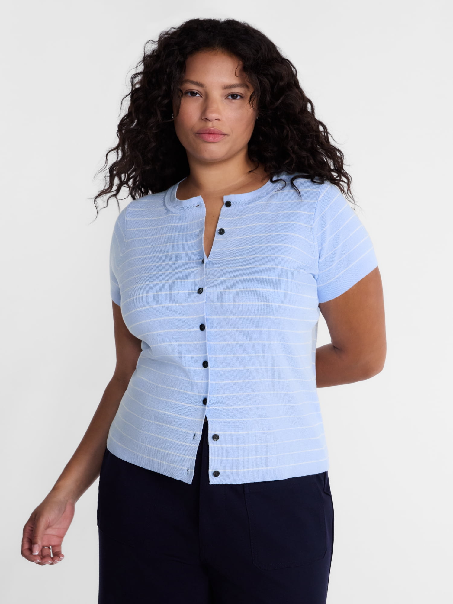 Terra & Sky Women's Plus Short Sleeve Button Up Sweater Top,Sizes,0X-5X