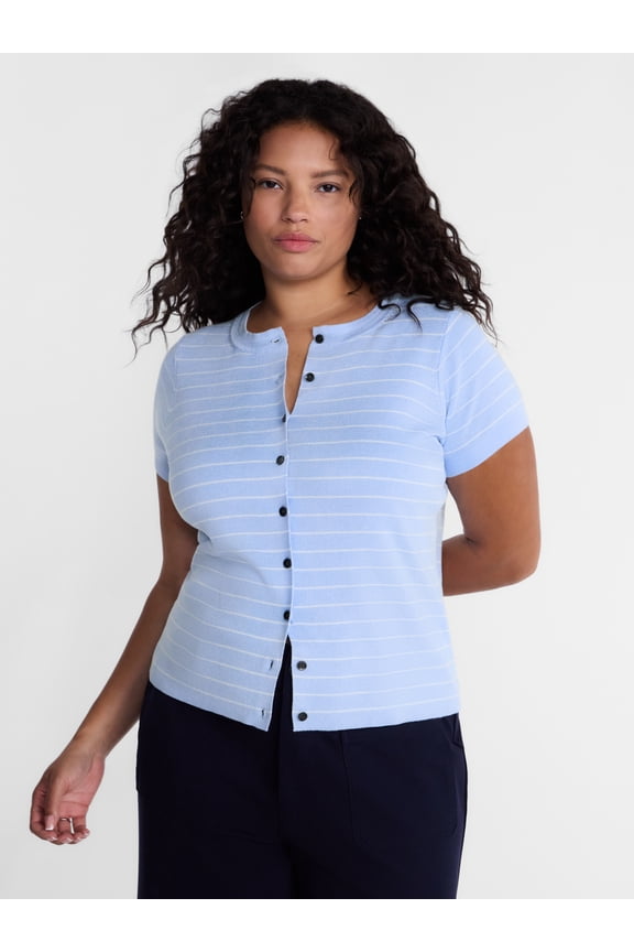 Women's Plus Button Front Sweater Top with Short Sleeves, Lightweight, Sizes 0X-5X