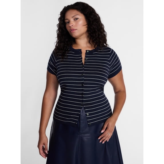 Terra & Sky Women's Plus Button Front Sweater Top with Short Sleeves, Lightweight, Sizes 0X-5X