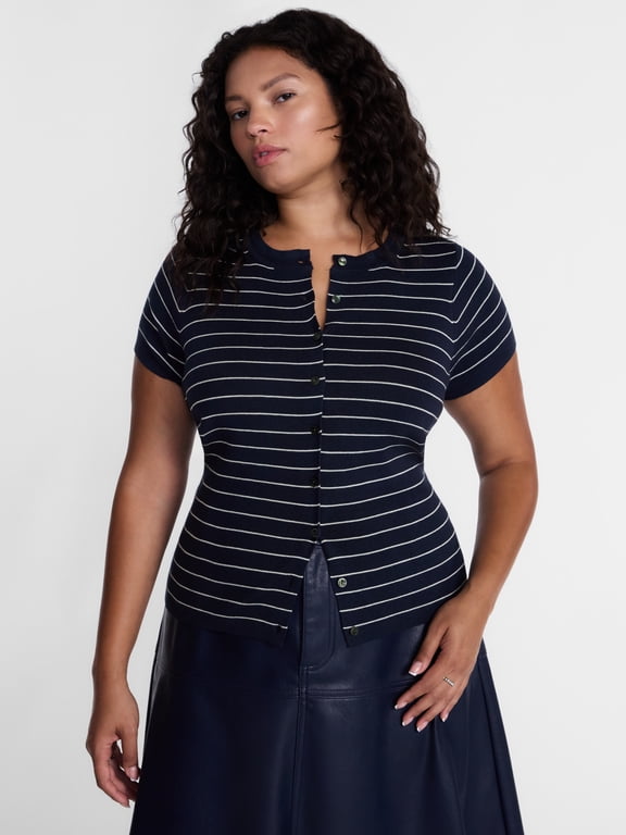 Women's Plus Button Front Sweater Top with Short Sleeves, Lightweight, Sizes 0X-5X
