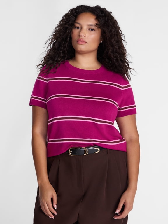 Women's Plus Sweater Top with Short Sleeves, Lightweight, Sizes 0X-5X