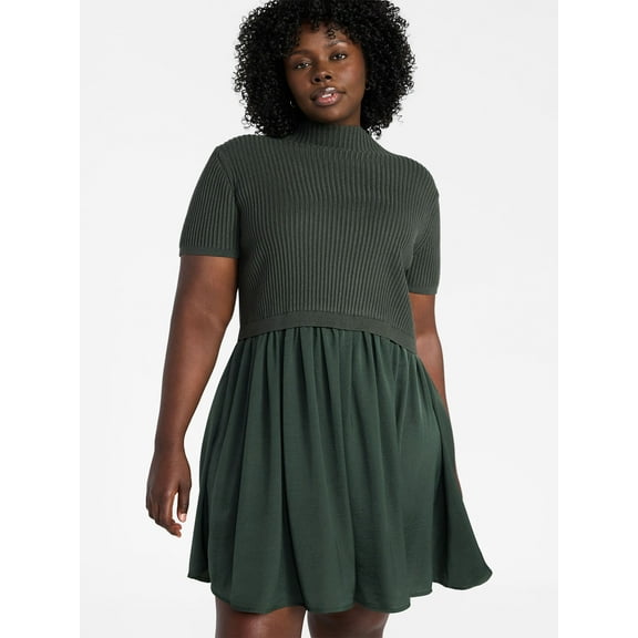 Terra & Sky Women's Plus Short Sleeve Mini Mixed Media Dress, Sizes 0X-5X