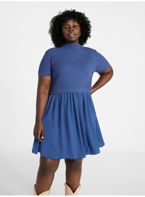 Women's Plus Short Sleeve Mini Mixed Media Dress, Sizes 0X-5X