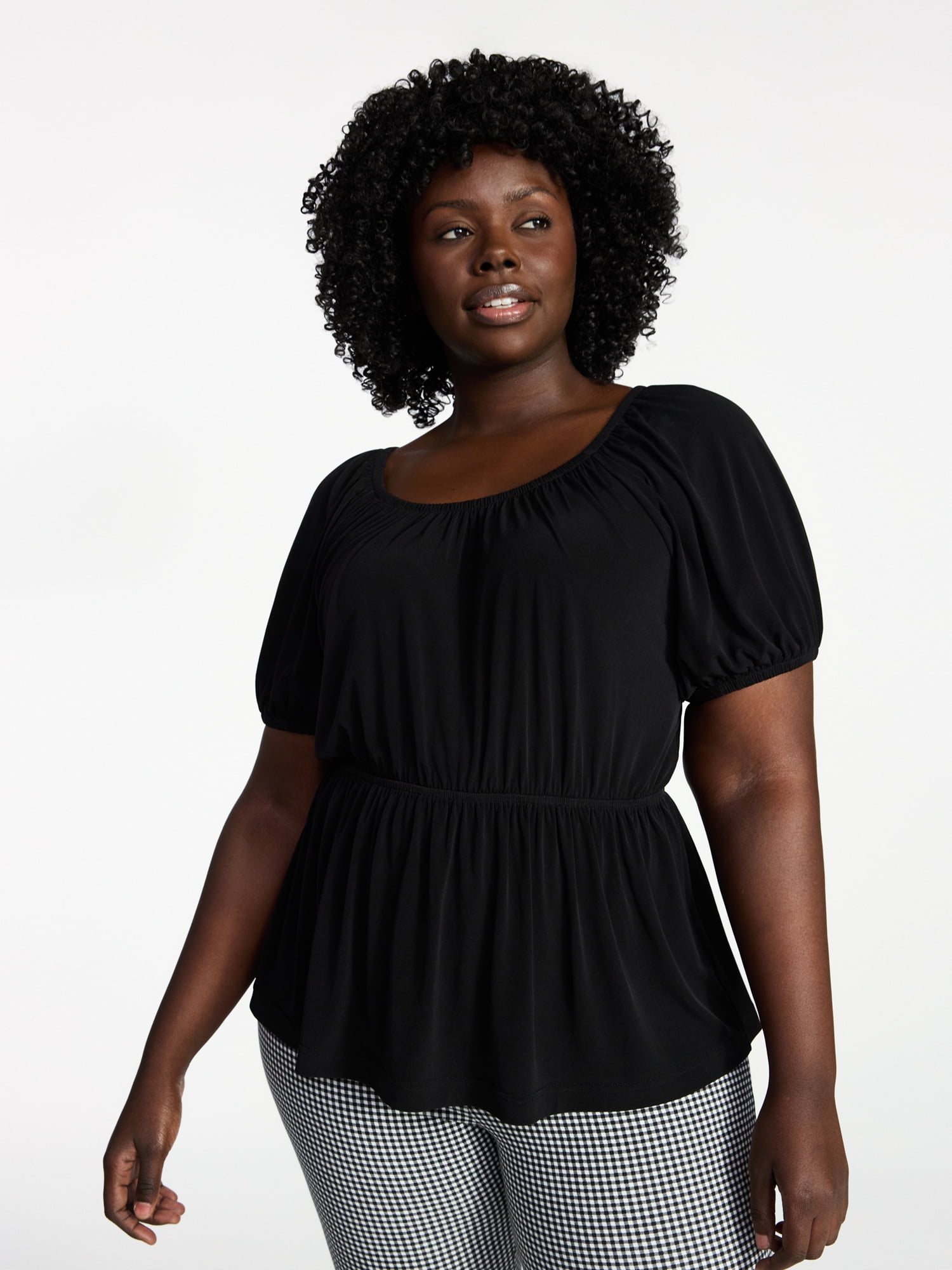 Terra & Sky Women's Peplum Top with Short Puff Sleeves, Sizes 0X-5X