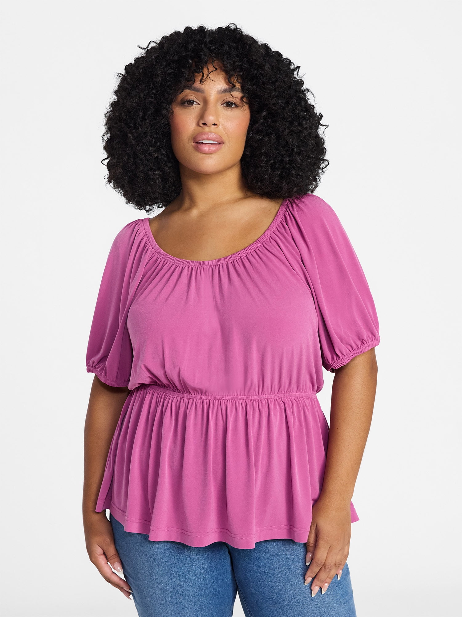 Terra & Sky Women's Peplum Top with Short Puff Sleeves, Sizes 0X-5X