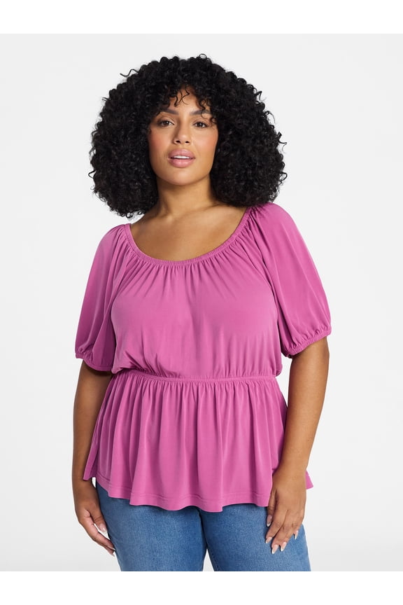 Women's Peplum Top with Short Puff Sleeves, Sizes 0X-5X