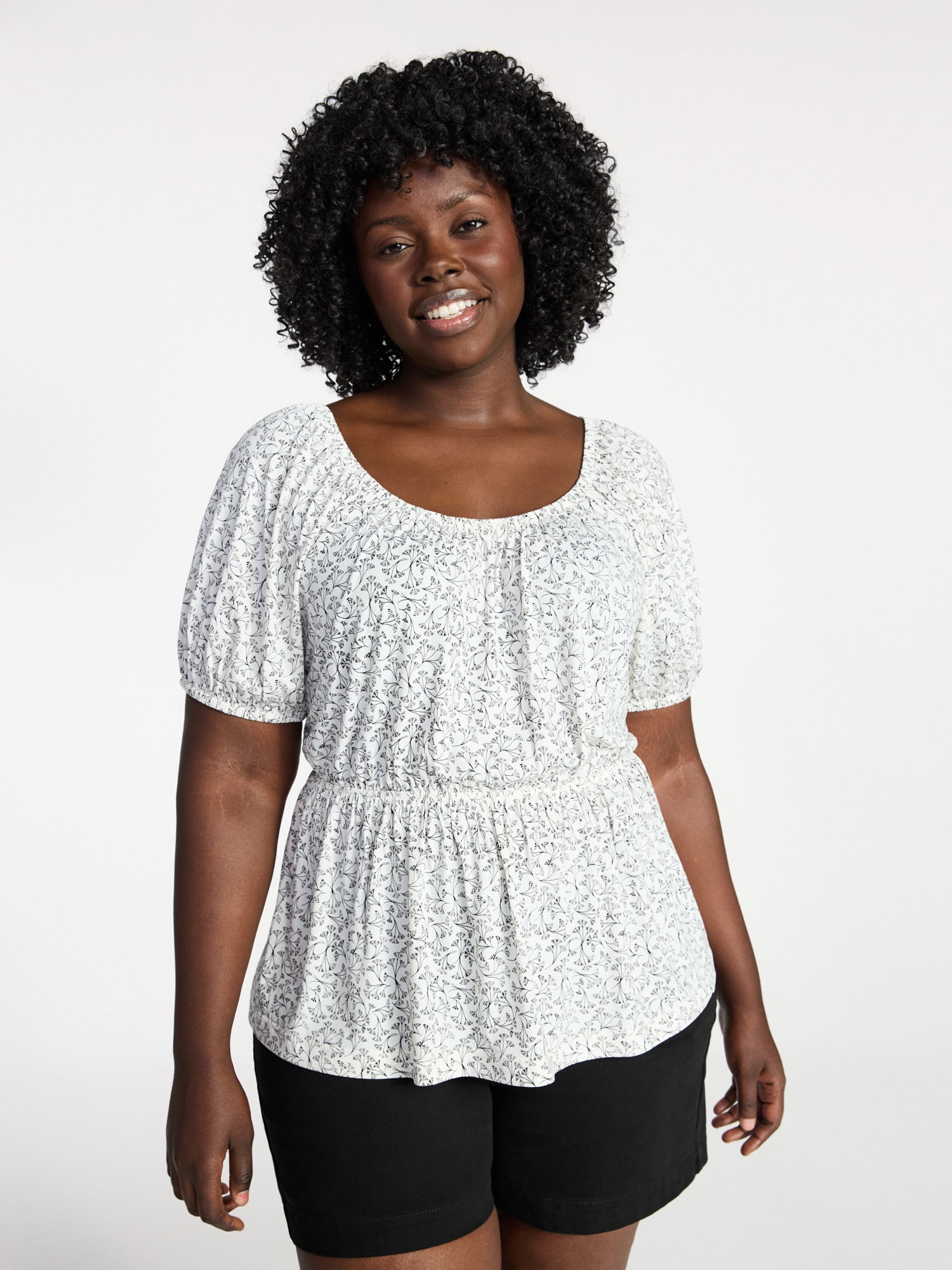 Women's Peplum Top with Short Puff Sleeves, Sizes 0X-5X
