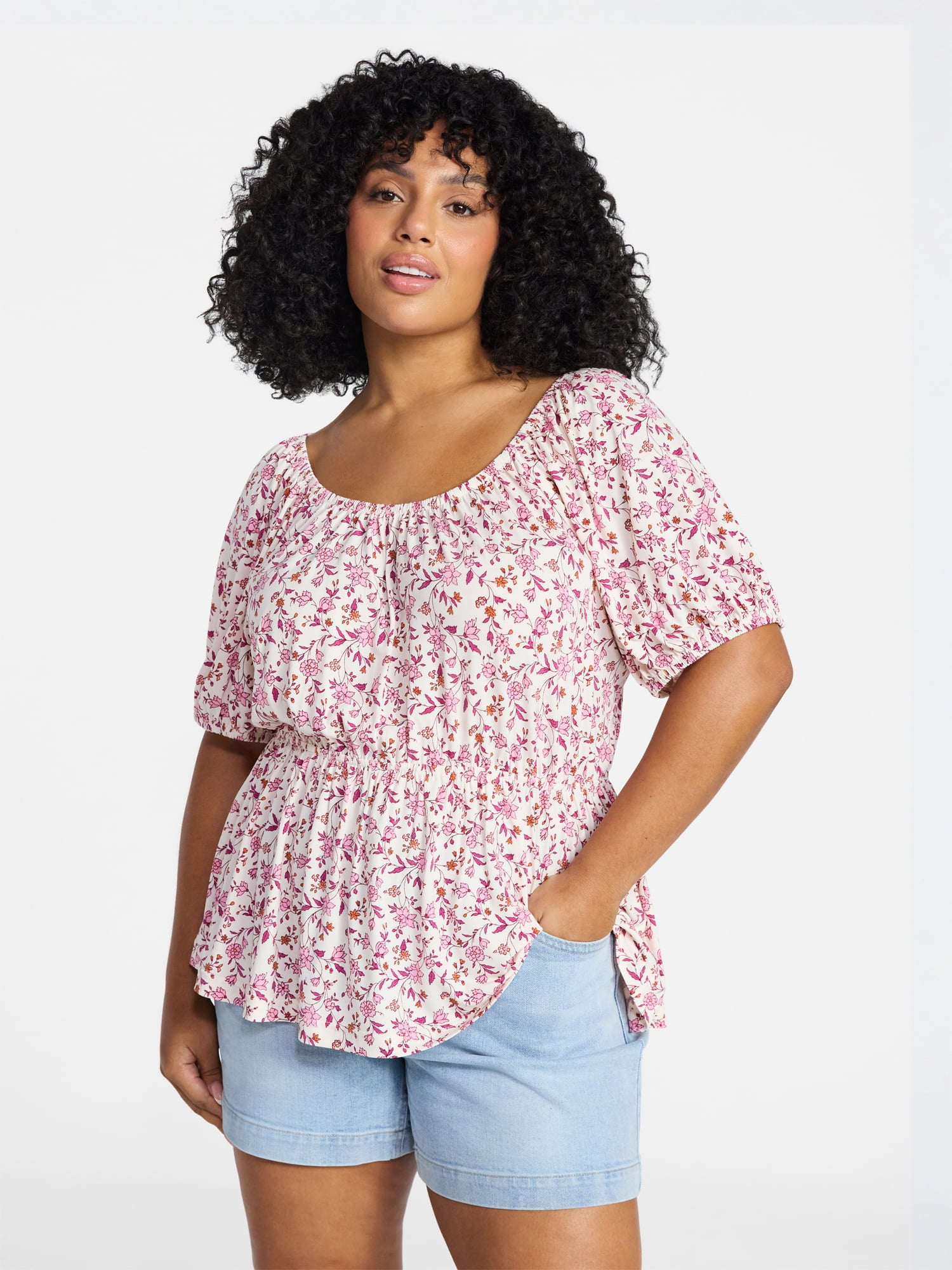 Terra & Sky Women's Peplum Top with Short Puff Sleeves, Sizes 0X-5X