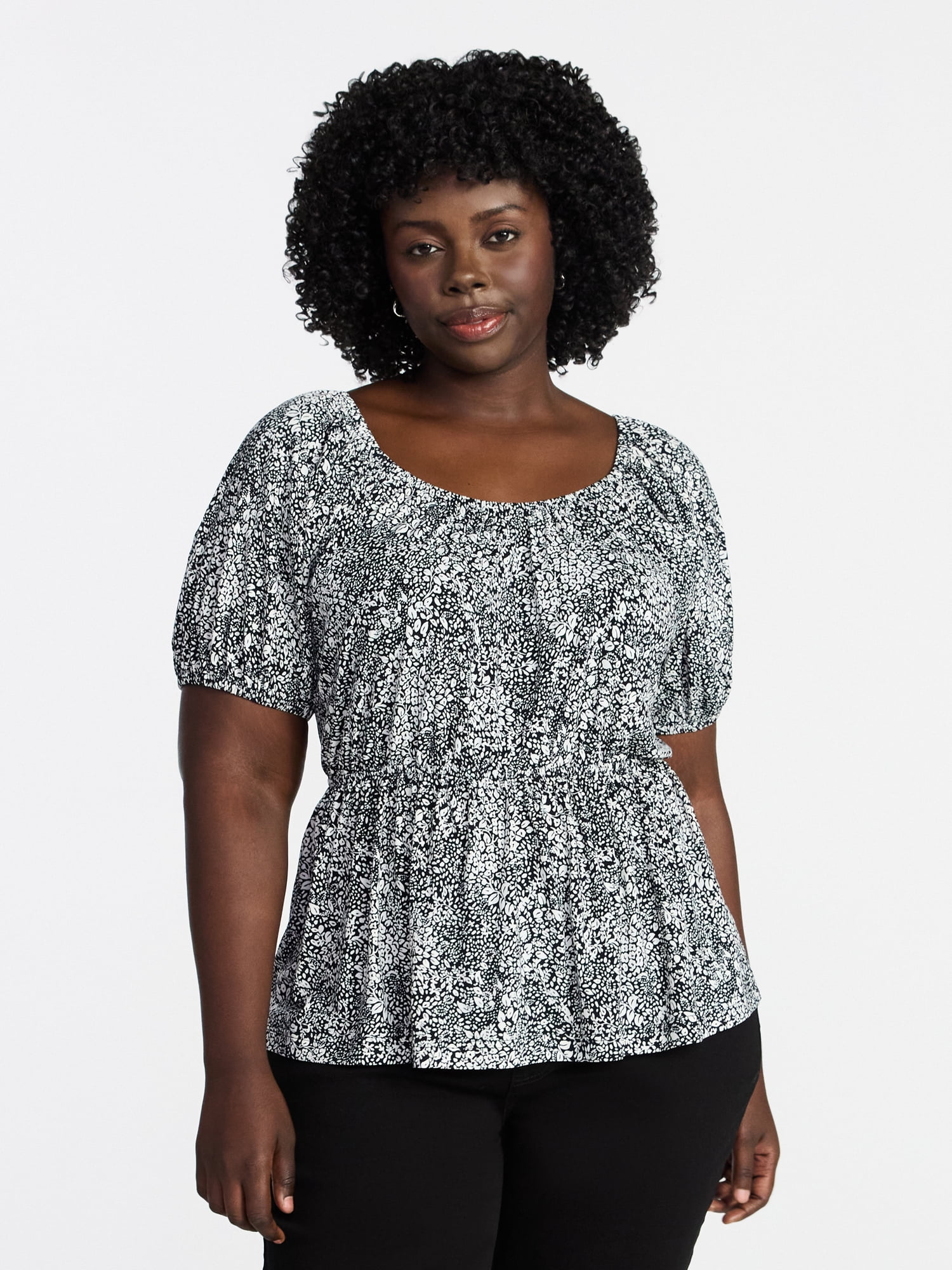 Terra & Sky Women's Peplum Top with Short Puff Sleeves, Sizes 0X-5X