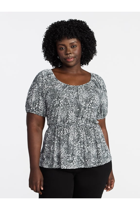 Women's Peplum Top with Short Puff Sleeves, Sizes 0X-5X