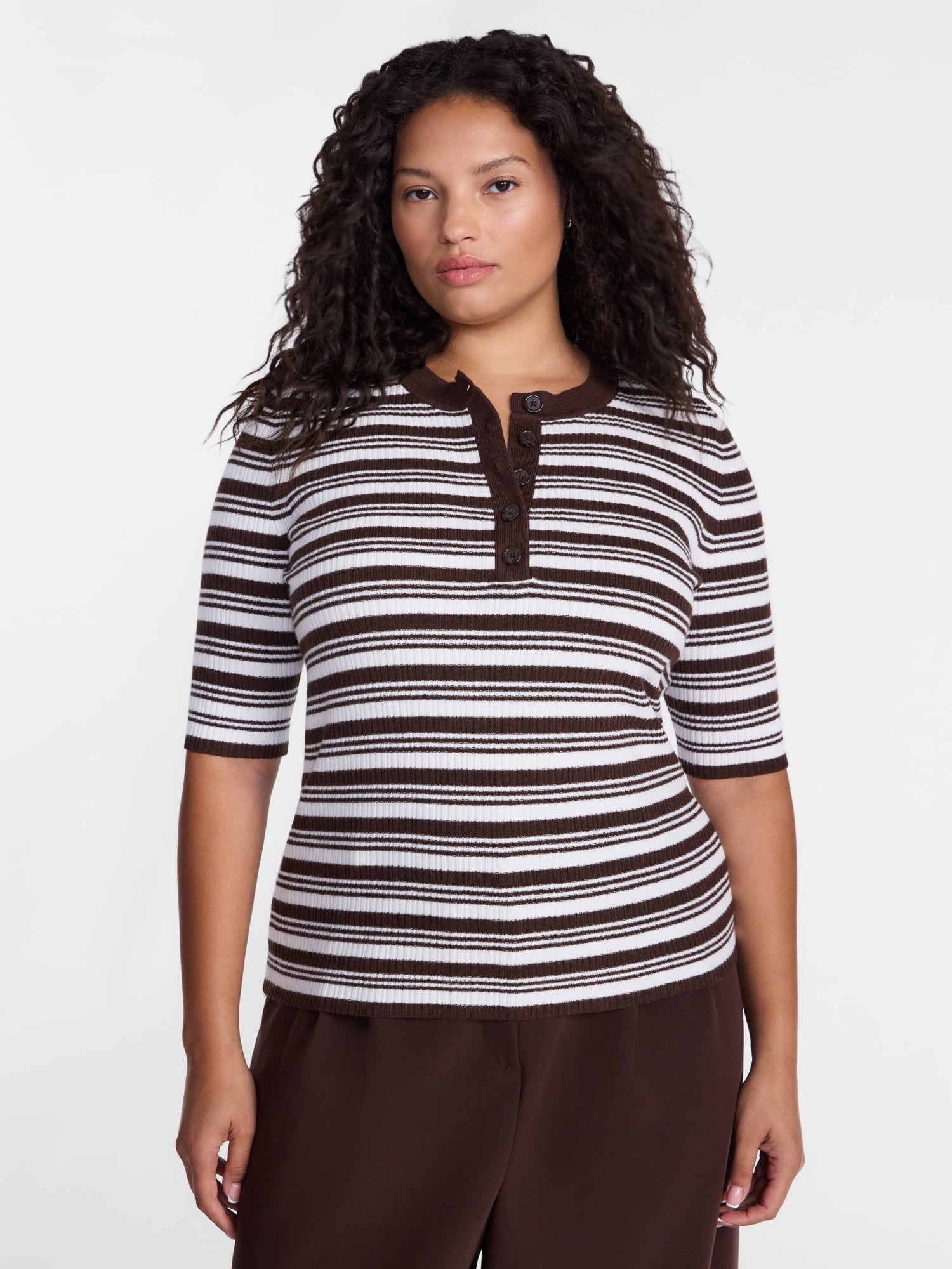Terra & Sky Women's Plus Short Sleeve Stripe Henley Sweater Top, Sizes 0X-5X