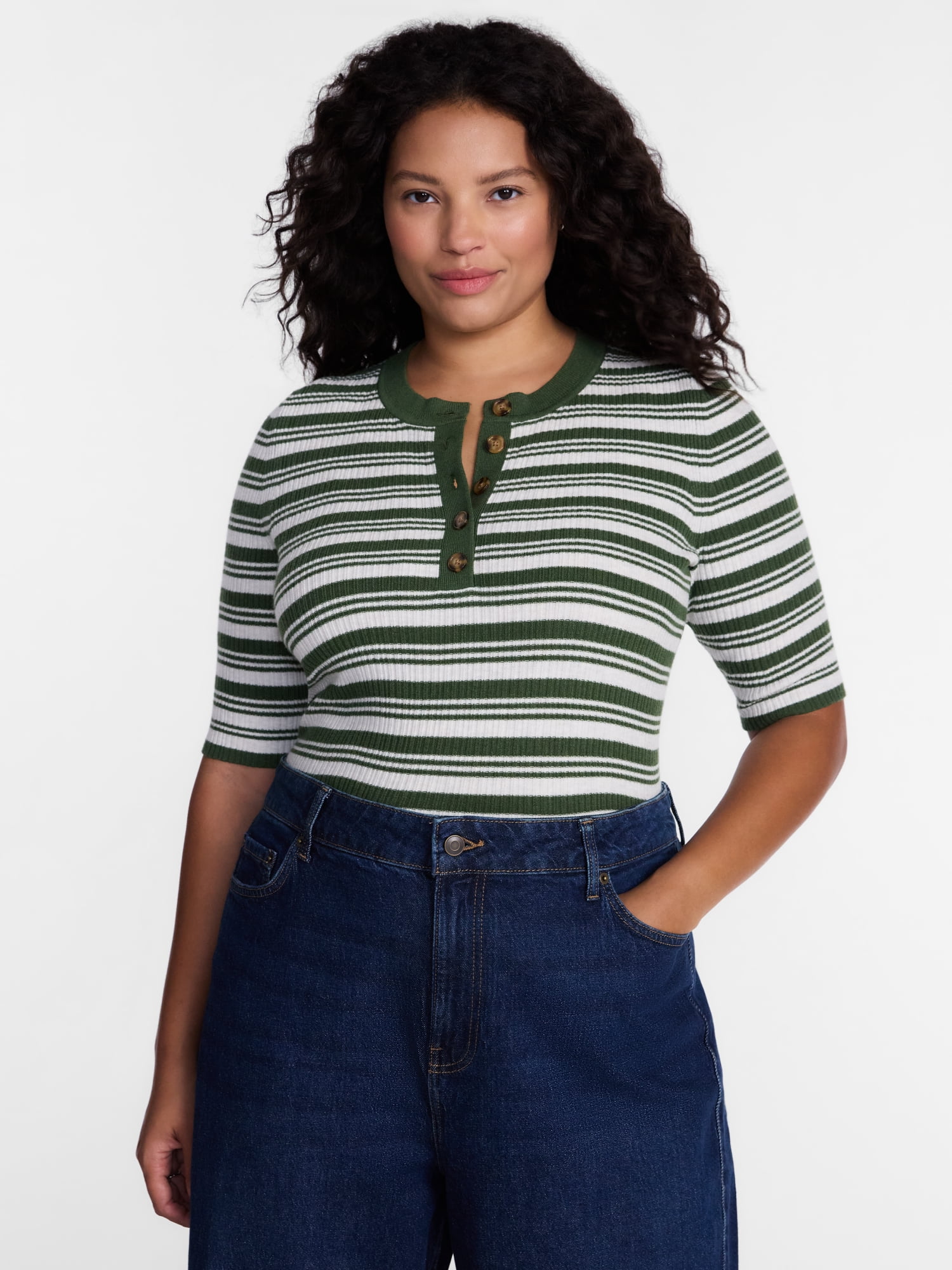 Terra & Sky Women's Plus Ribbed Henley Sweater Top with Elbow Length Sleeves, Sizes 0X-5X