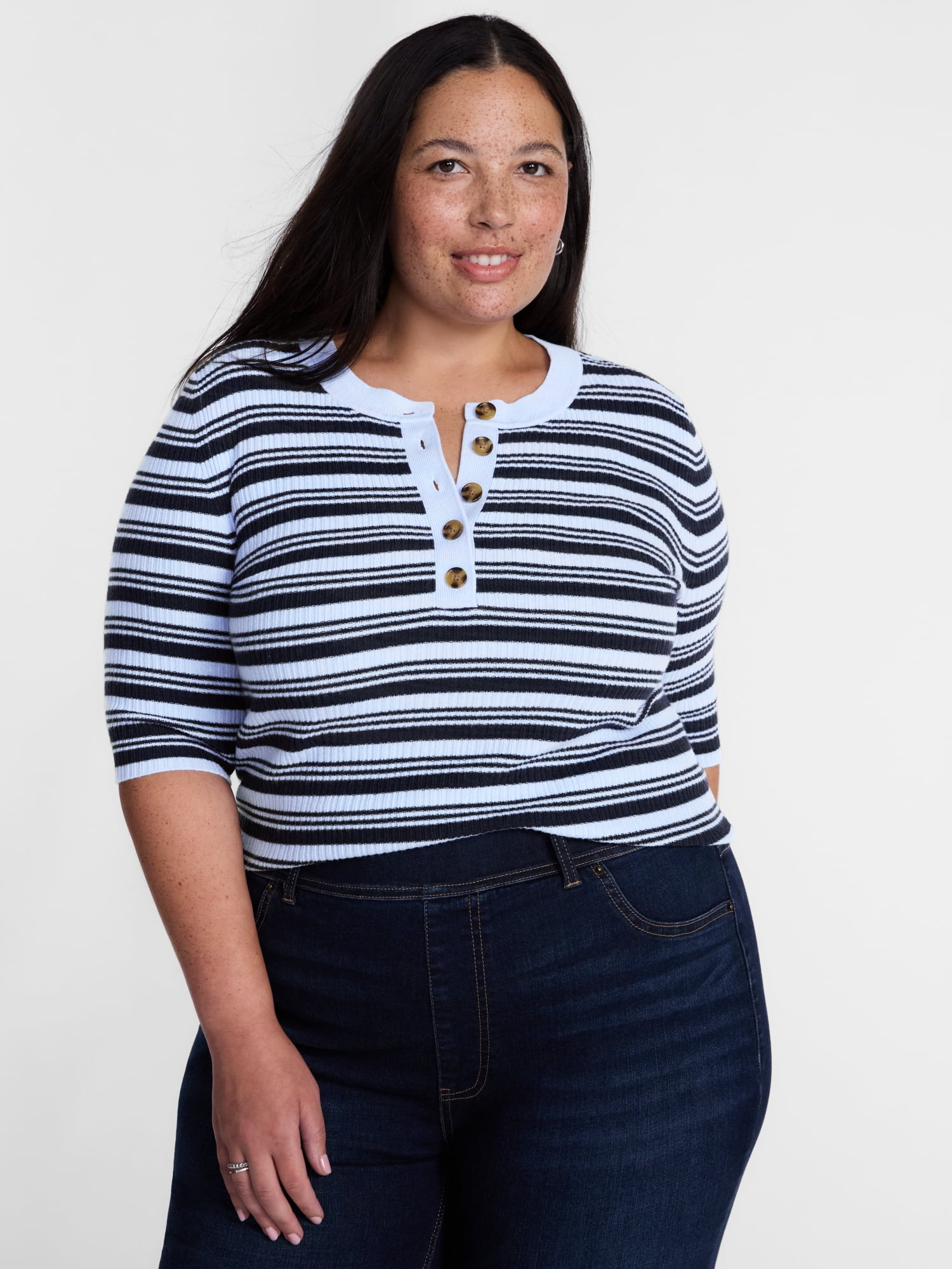 Terra & Sky Women's Plus Ribbed Henley Sweater Top with Elbow Length Sleeves, Sizes 0X-5X