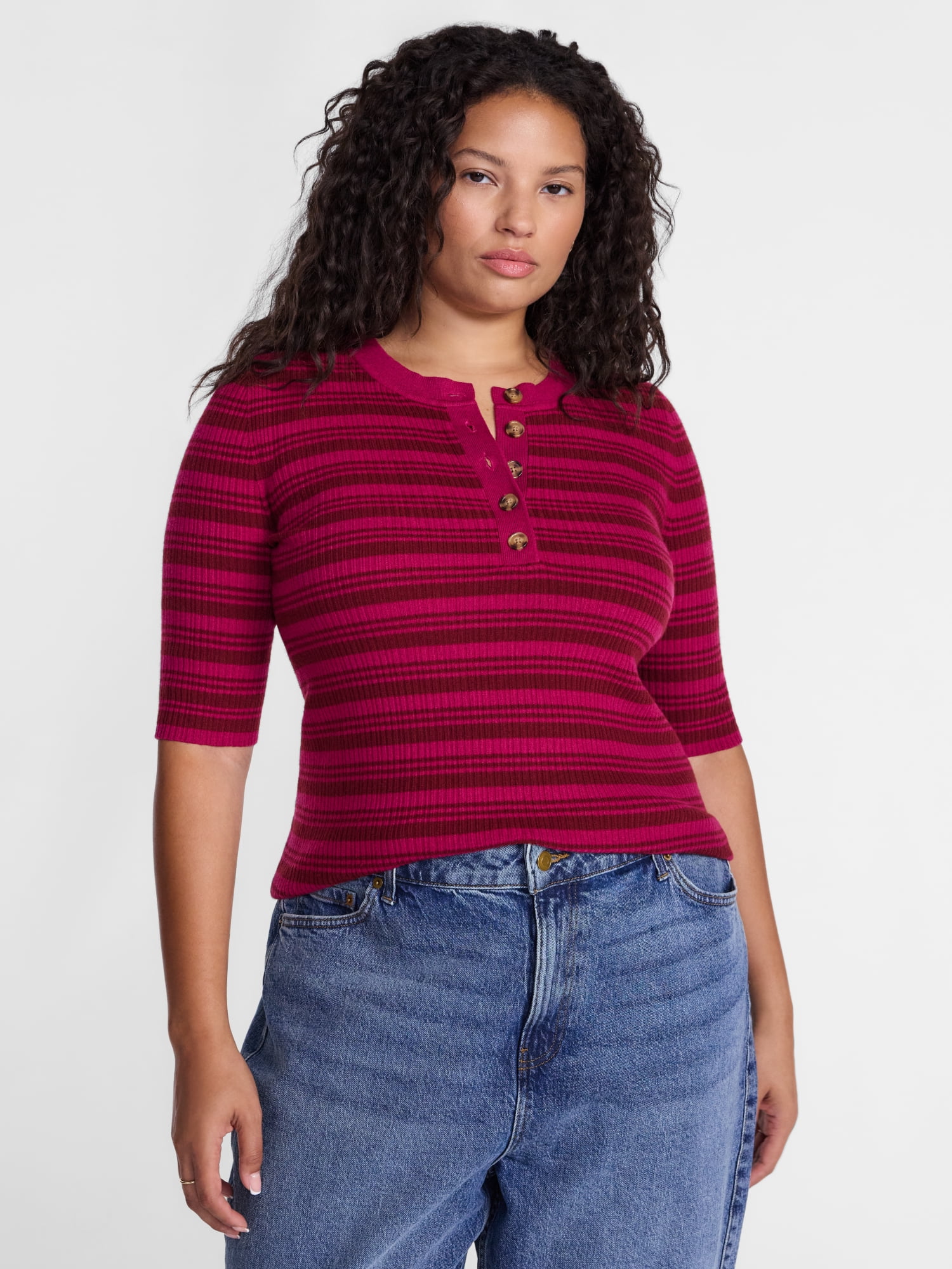 Terra & Sky Women's Plus Ribbed Henley Sweater Top with Elbow Length Sleeves, Sizes 0X-5X
