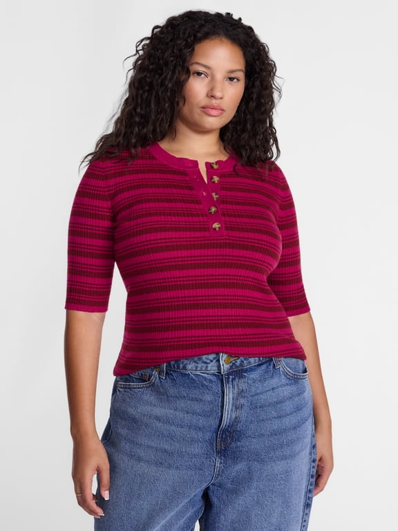 Women's Plus Ribbed Henley Sweater Top with Elbow Length Sleeves, Sizes 0X-5X