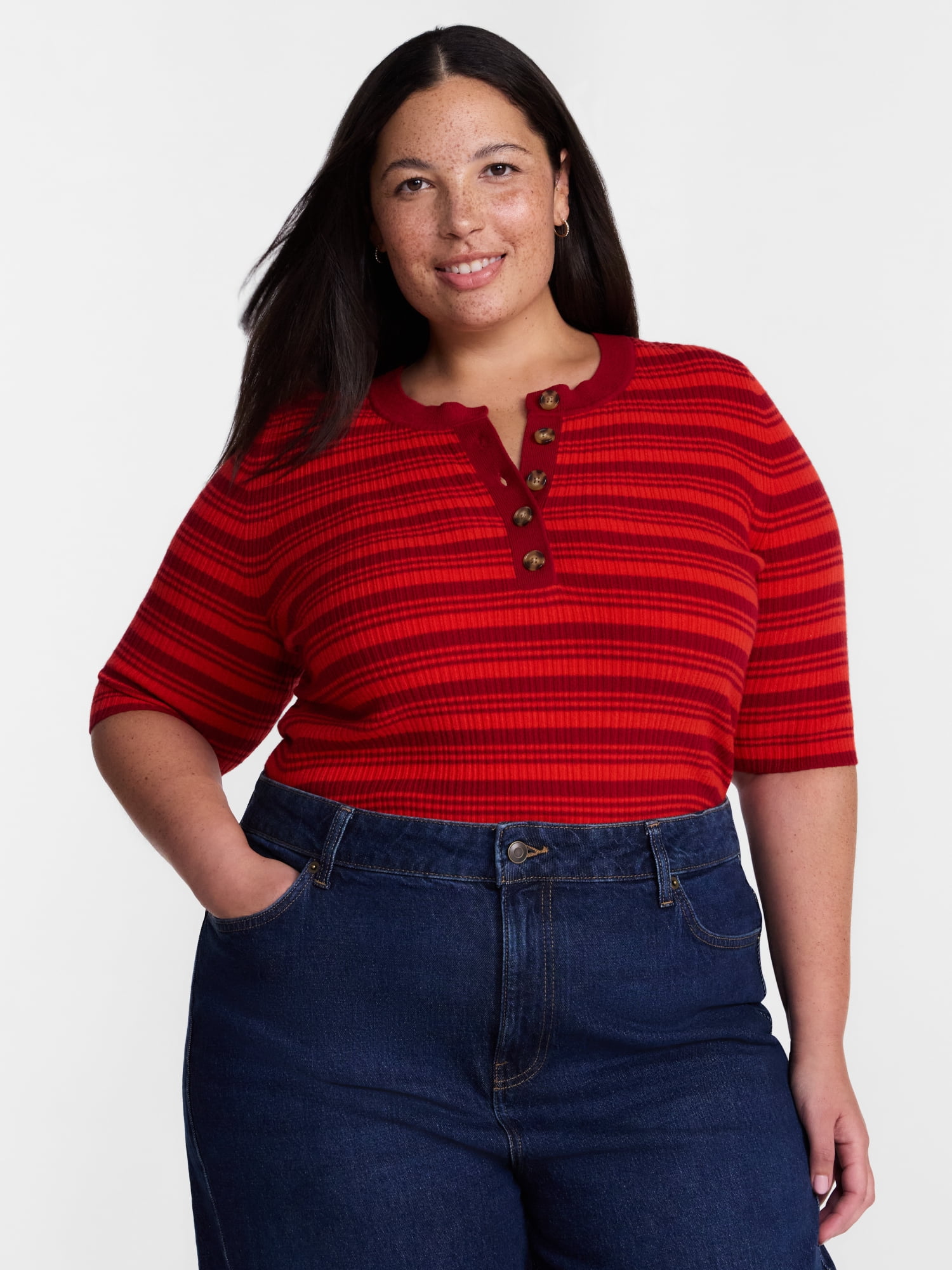 Terra & Sky Women's Plus Ribbed Henley Sweater Top with Elbow Length Sleeves, Sizes 0X-5X