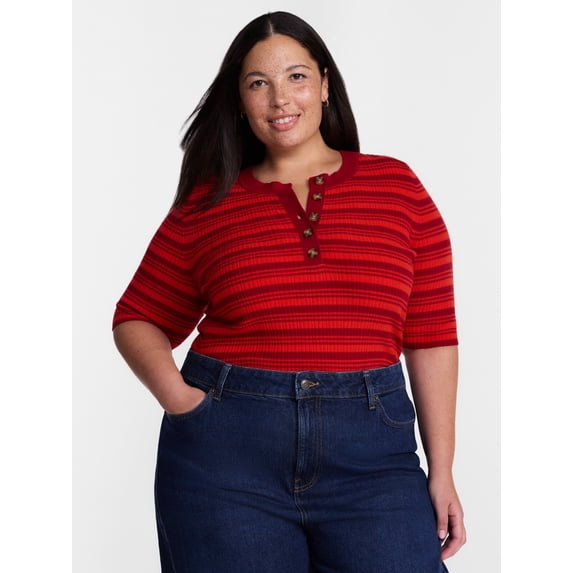 Terra & Sky Women's Plus Ribbed Henley Sweater Top with Elbow Length Sleeves, Sizes 0X-5X