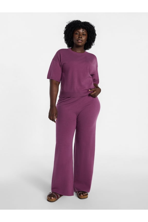 Women’s Plus Short Sleeve Sweater and Pants, 2-Piece Matching Set, Sizes 0X-4X