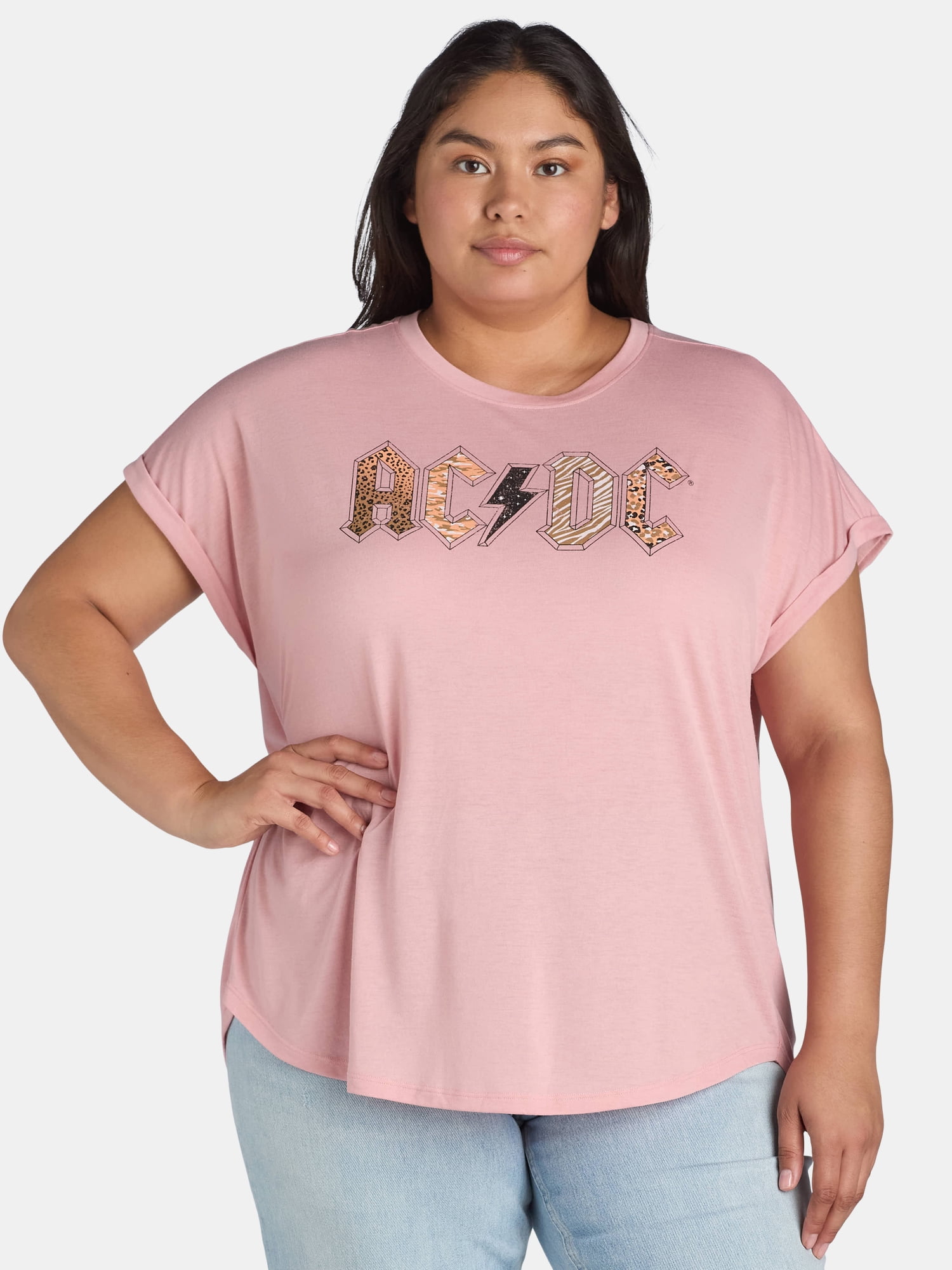 Terra & Sky Women's Plus Size AC/DC Graphic Band Tee with Short Sleeves, Sizes 0X5X