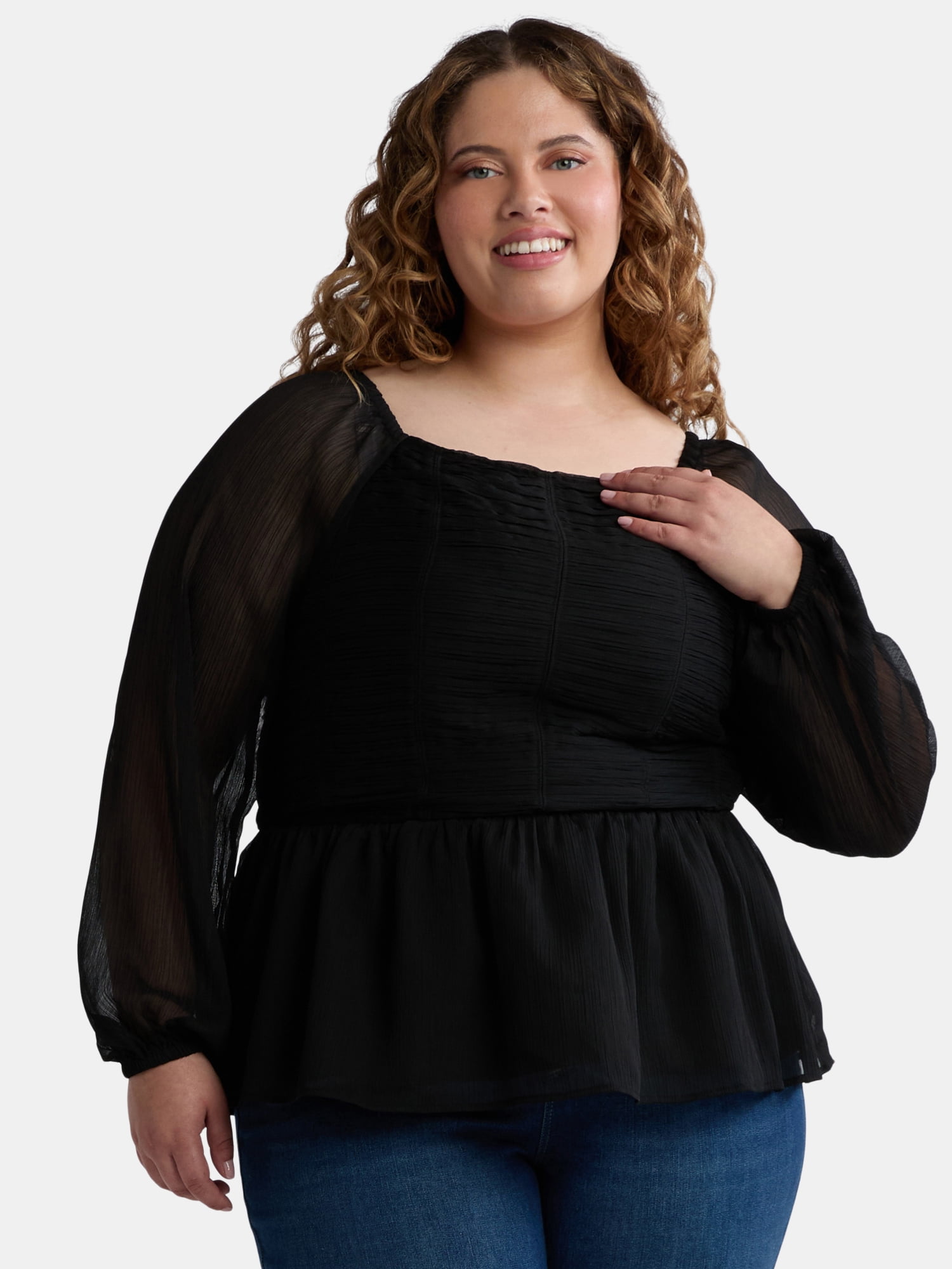 Terra & Sky Women's Plus Size Long Sleeve Babydoll Top, Sizes 0X-5X