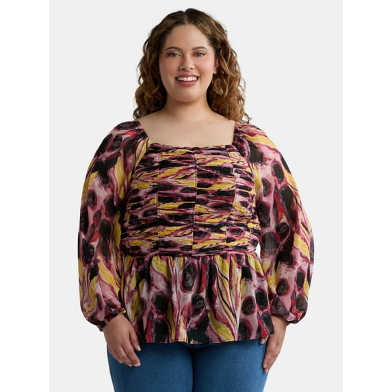 Terra & Sky Women's Plus Size Long Sleeve Babydoll Top, Sizes 0X-5X