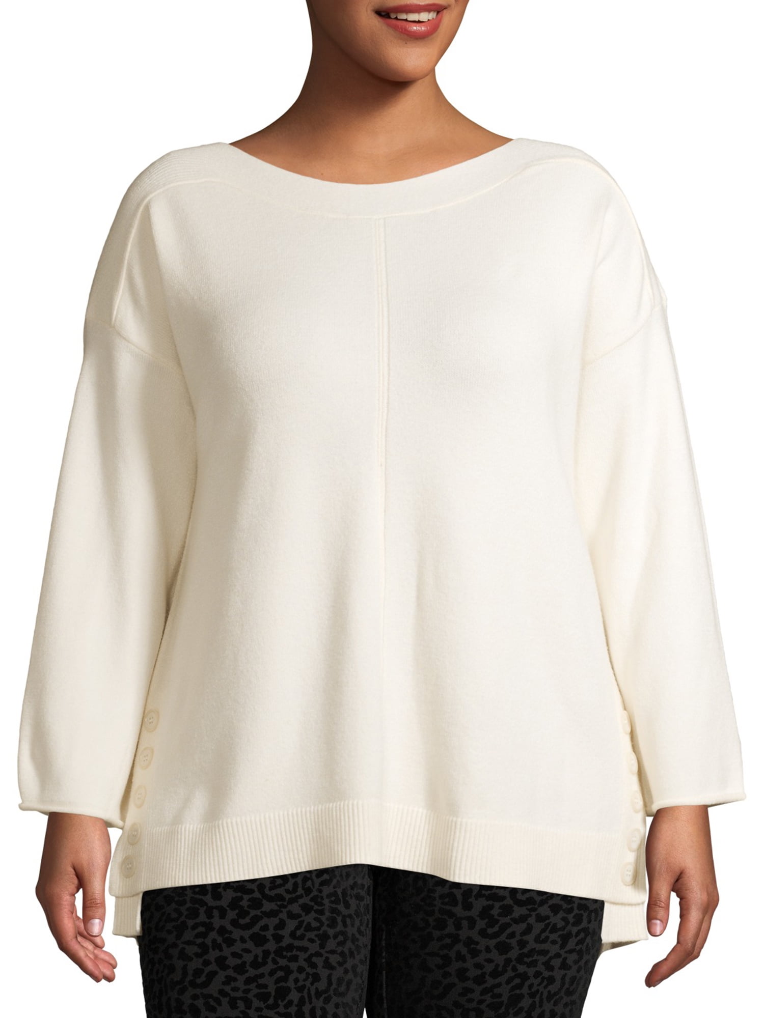 Terra & Sky Women's Plus Size Boat Neck Sweater With Button Trim ...