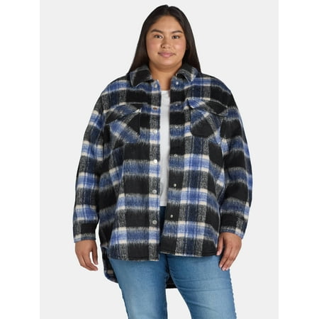 Terra & Sky Women's Plus Size Brushed Plaid Button Down Shacket, 0X-5X