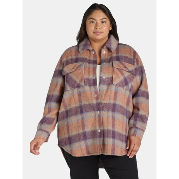 Terra & Sky Women's Plus Size Brushed Plaid Button Down Shacket, 0X-5X
