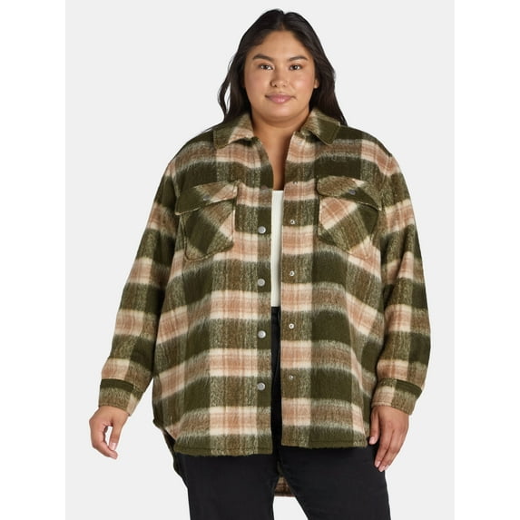 Terra & Sky Women's Plus Size Brushed Plaid Button Down Shacket, 0X-5X