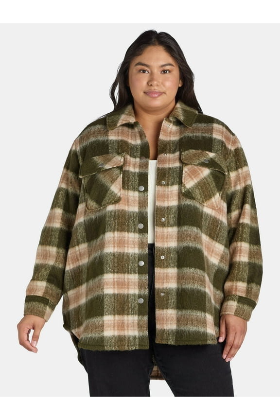 Women's Plus Size Brushed Plaid Button Down Shacket, 0X-5X