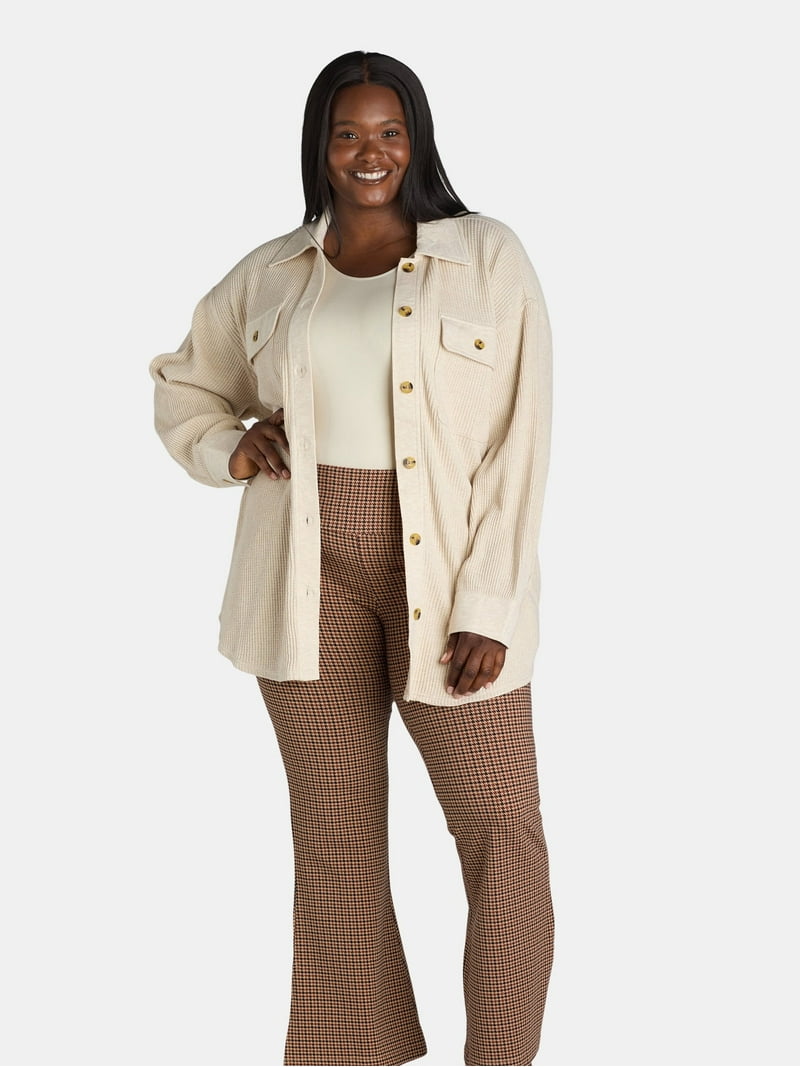 Terra & Sky Women's Plus Size Button Down Waffle Knit