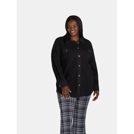 Terra & Sky Women's Plus Size Button Down Waffle Knit Shacket, 0X-4X