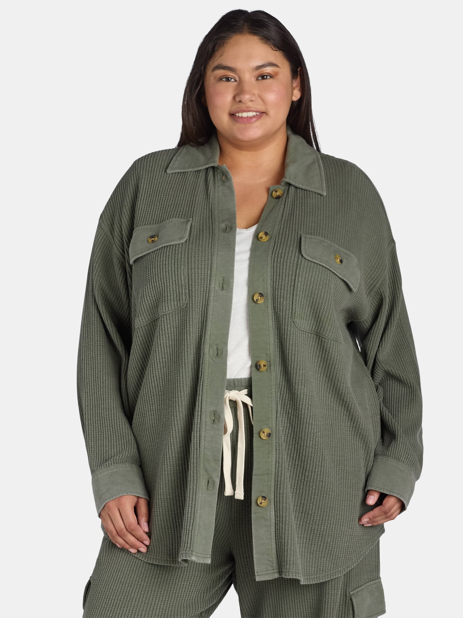 She + Sky Full Size Folded Cuff Button Down Washed Twill Shirt Dress Plus Size