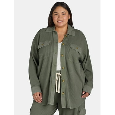Terra & Sky Women's Plus Size Button Down Waffle Knit Shacket, 0X-4X