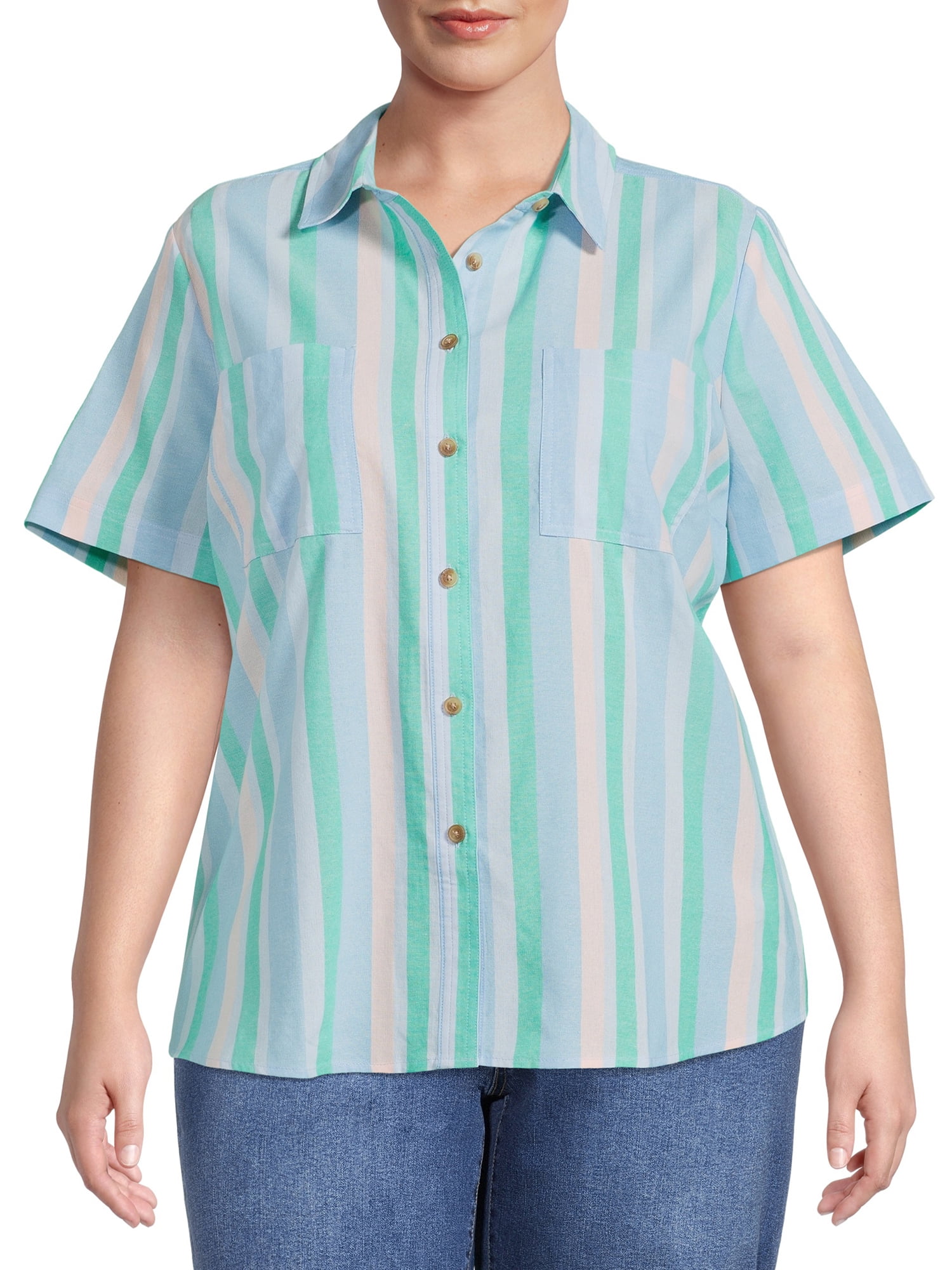 Terra & Sky Women's Plus Size Button Front Camp Shirt